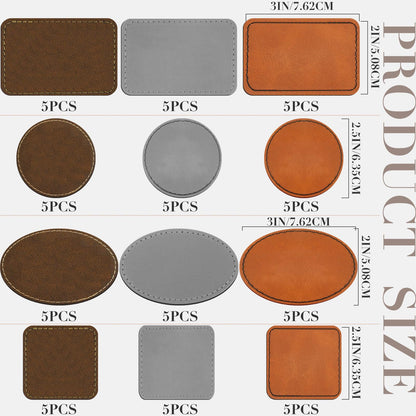 Dunzy 60 Pcs Blank Leatherette Hat Patches Laserable Leatherette Patch Iron on Heat Press with Adhesive Leather Patches for Hats Clothes Repair(Khaki, Golden Brown, Gray,3 x 2 Inches)