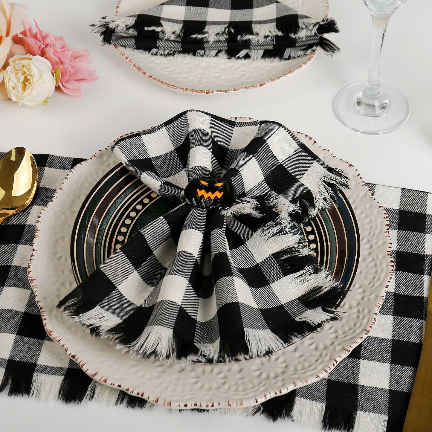 Classic Buffalo Checks Cloth Napkins with Fringe Set of 12, 17x17 Inches 100% Cotton Farmhouse Napkins, Soft&Reusable Napkins for Daily Use Halloween Christmas Decor