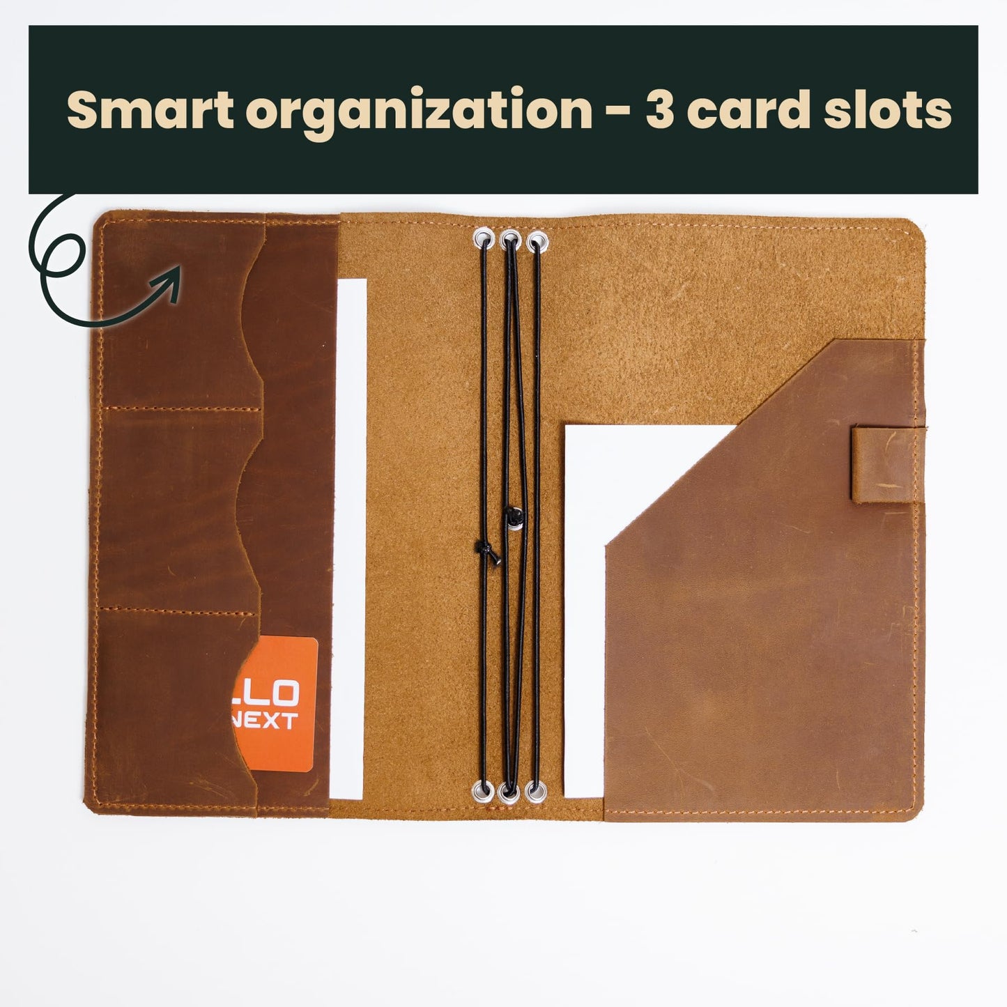 OMBUO Leather Travelers Notebook A5 – Full Grain Handmade Notebook Cover with Card Slots, Pen Loop & Elastic Bands – Refillable Planner for Work, Study & Travel (Notebook Not Included), Caramel Brown