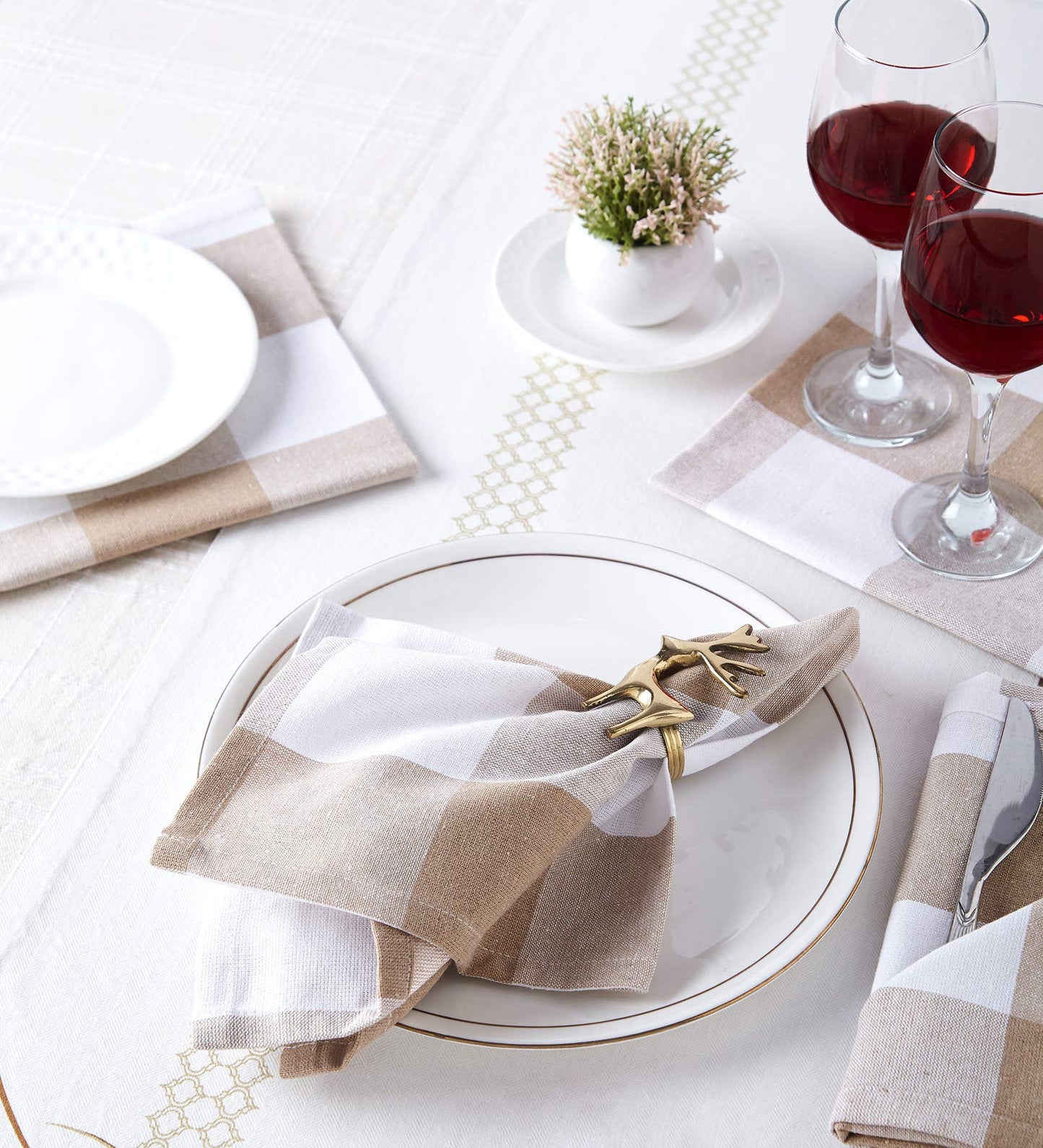 Encasa XO Cotton Cloth Napkins Set of 12, 17"x17" | Washable & Reusable Dinner Napkins Buffalo Beige Checks Table Napkins for Farmhouse, Wedding, Holiday, Party & Everyday Dining