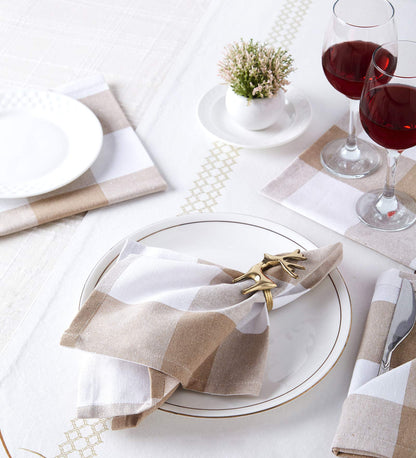 Encasa XO Cotton Cloth Napkins Set of 12, 17"x17" | Washable & Reusable Dinner Napkins Buffalo Beige Checks Table Napkins for Farmhouse, Wedding, Holiday, Party & Everyday Dining