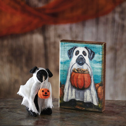 Primitives by Kathy Halloween Collectible Felt Critter, 4-inch, Ghost Dog Holding a Jack-o-Lantern - Spooky Tiered Tray & Shelf, tablescape Decor, Mix & Match with Our Other Collectible Figurines