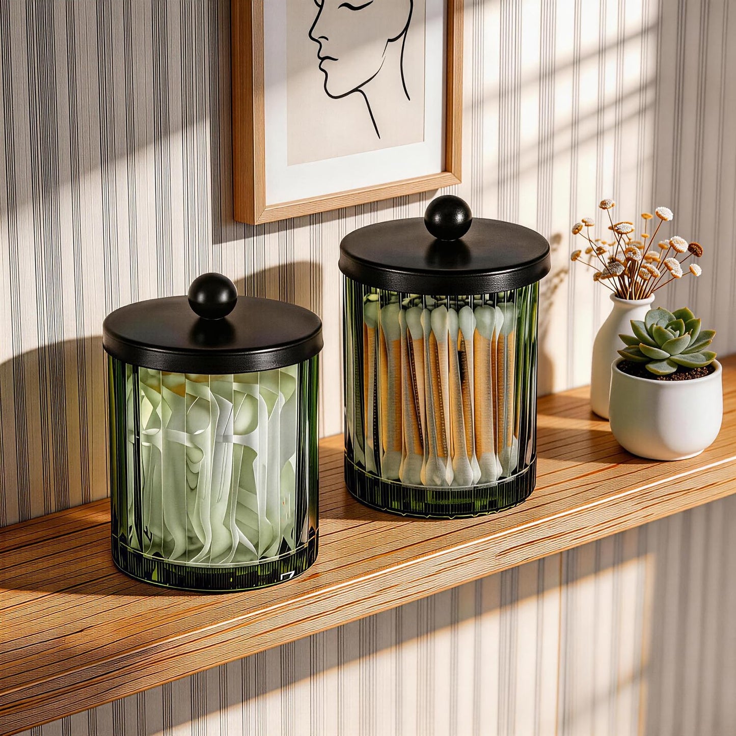 Amolliar Sage Green Glass Apothecary Jar, Qtip Holder Dispenser for Cotton Swabs, Balls, Makeup Pads, Floss Picks, Bathroom Essential Accessories, Countertop Canister Storage Organizer (Black, 4 Pack)