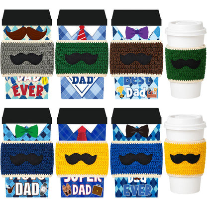 Cinrobiye Crochet Coffee Cup Sleeve Set, Father’s Day Gift Set for Dad and Grandpa, Reusable Knit Mug Cozy Covers 6 Pack with Appreciation Cards, Blue Coffee Cup Holder Gift