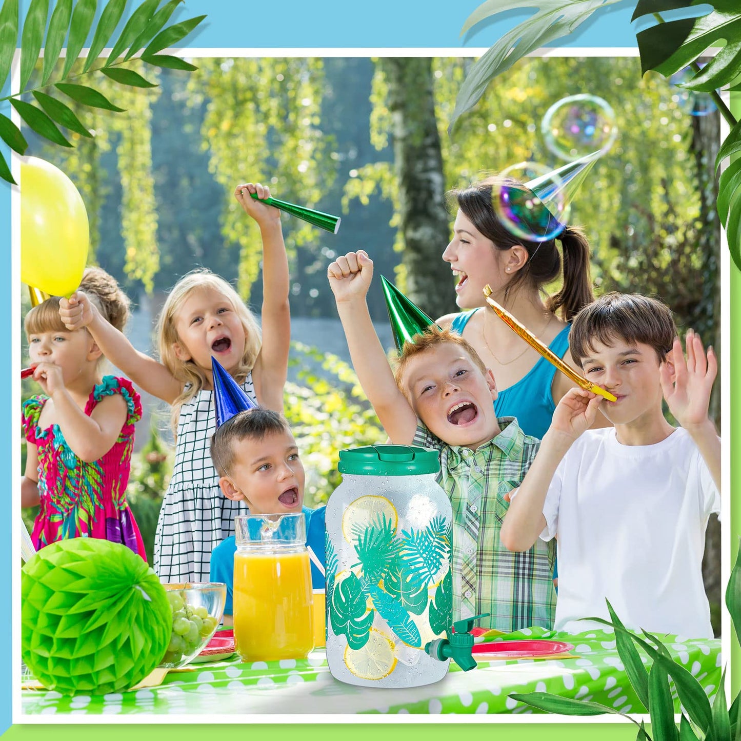 Norme 2 Pcs 1 Gallon Plastic Drink Dispenser Jungle Leaves Theme Iced Beverage Dispenser Tea Jar with Spigot and Carrying Lid Clear Dispenser for Fridge Bar Summer Party