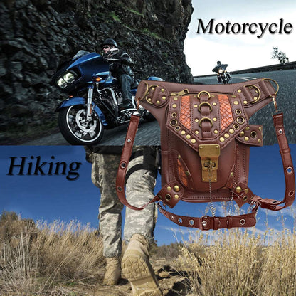 Steampunk Waist Bag Fanny Pack Fashion Gothic Leather Shoulder Crossbody Messenger Bags Thigh Leg Hip Holster Purse Travel Pouch Hiking Sport Chain Bags for Women Men brown