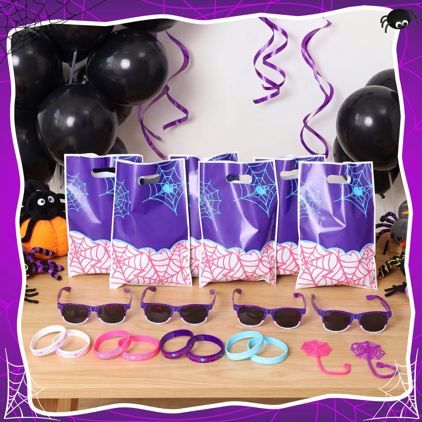 Soulchen 48 Pieces Spiderweb Birthday Party Decoration Set Spiderweb Gift Bags Spider Silicone Bracelet Sunglasses Cobweb Sticky Hands Toys for Birthday Party Supplies Favors (Night)