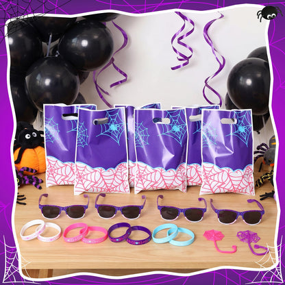 Soulchen 48 Pieces Spiderweb Birthday Party Decoration Set Spiderweb Gift Bags Spider Silicone Bracelet Sunglasses Cobweb Sticky Hands Toys for Birthday Party Supplies Favors (Night)