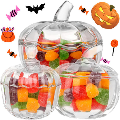 3 Pcs Halloween Pumpkin Candy Jar with Lids Glass Candy Bowl Cute Clear Cookie Storage Jar Crystal Candy Dish Office Desk Decorative Jars for Halloween Party Decoration Home Holiday Supplies Gift