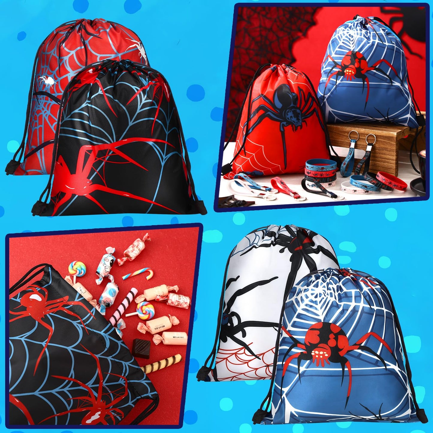 Lothee 32 Pcs Spider Party Favors Spiderweb Birthday Party Decor Drawstring Bag Goodies Bags with Rubber Bracelets Wristlet Keychain for Spiders Supplies Friends Gifts Carnival Accessories(Spiderweb)