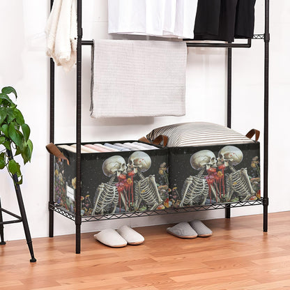 Black Skeleton Gothic Storage Bins for Shelves with Labels&Handles Halloween Organizer Bin Foldable Rectangle Storage Basket Black Goth Skull Boxes for Closet, Bathroom, Home, Living Room, Laundry