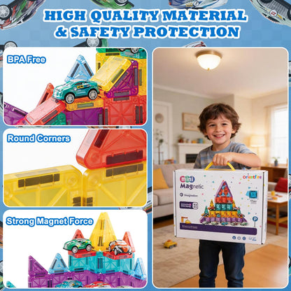 93 PCS Magnetic Tiles Mini Magnetic Building Tiles with Cars, Travel Magnetic Tiles with Storage Bag,STEM Toys for School Acitivities, Ideal Christmas Birthday Gifts for Boys Girls Age 3+ Years Old