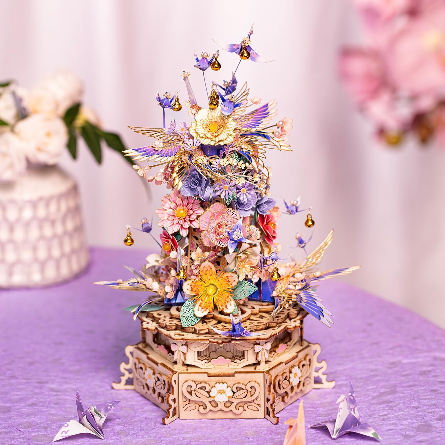 MU 3D Metal Puzzles for Adults Feast of Flower, 3D Wooden Puzzles Metal Model Kit Building Wood Flowers Kits DIY Craft Set with Music Box Lighting, Birthday Hobby Gift Home Desk Decor