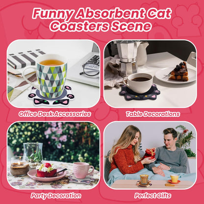 Leokawin Cat Coasters,4pcs Coasters for Drinks,Cat Gifts for Cats Lovers,Funny Animal Themed Absorbent Coaster for Coffee Tea Table Decor,Gifts for Women Men