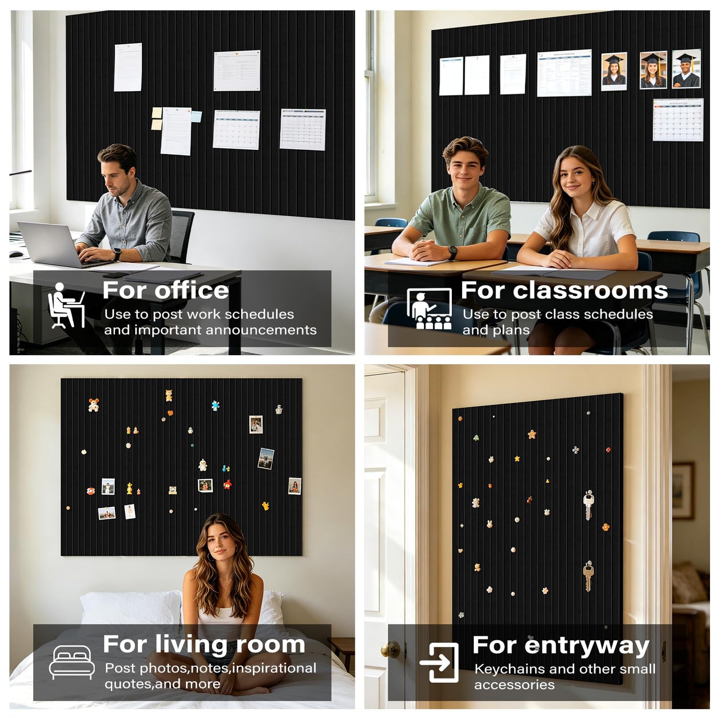Large Felt Bulletin Board，47.2" x 35.4" 12 Pack Cork Board Alternative for Walls,Felt Wall Tiles for Office & Home Decor,Pin Board with 30 Pcs Pushpins and 72 Adhesive Tabs-Black