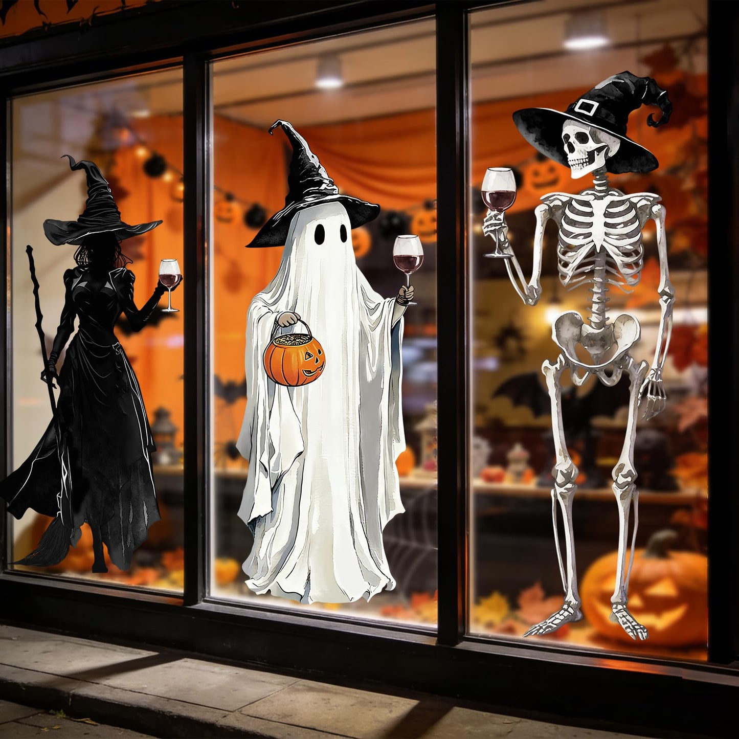 Whaline 3 Sheets Halloween Window Clings Scary Ghost Witch Skeleton Window Decal Spooky Reusable Anti-Collision Windows Decor for Holiday Home School Office Party Supplies