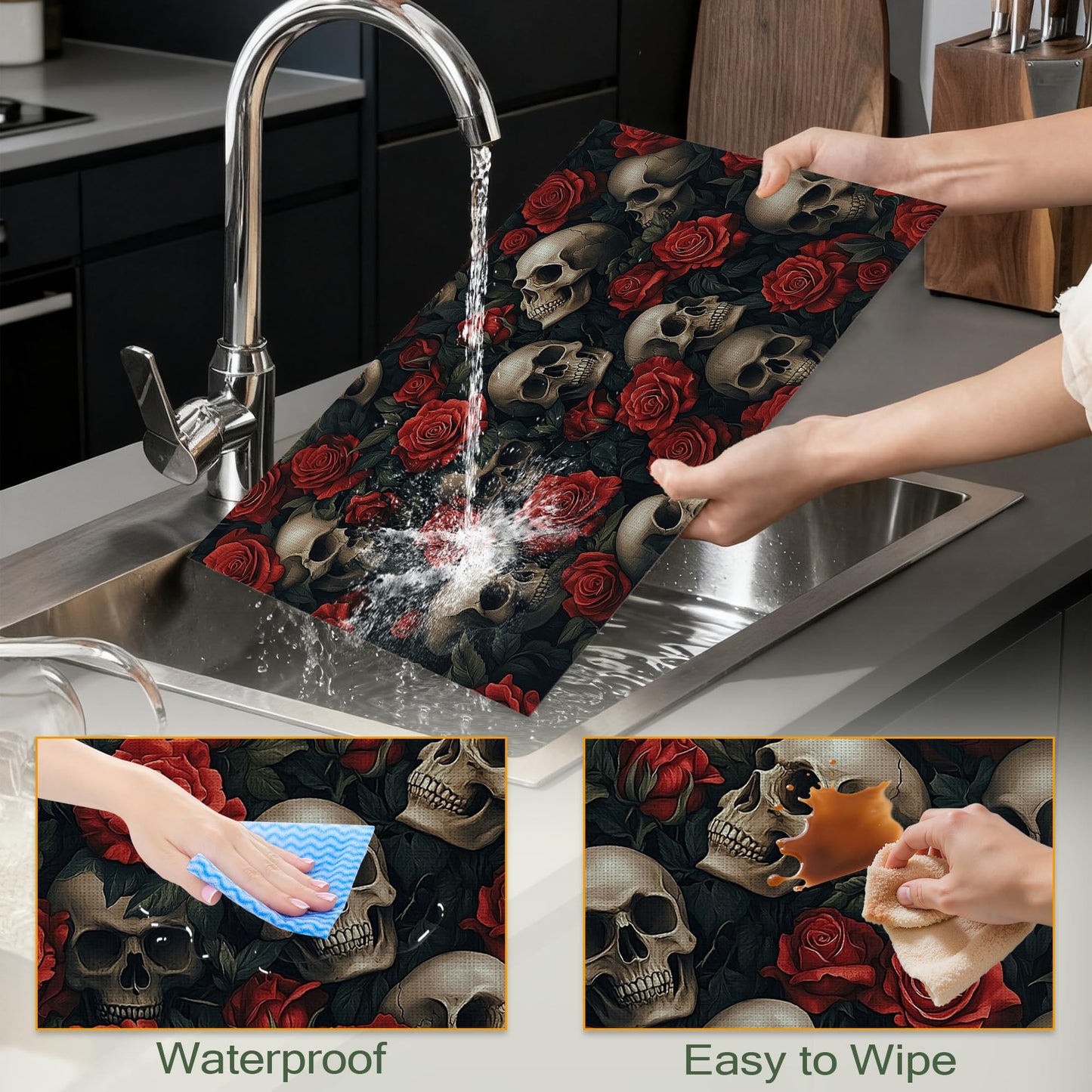 Cloth Placemats,Gothic Skull Fabric Placemats Set of 6,Washable Halloween Red Rose Flower Table Mats,Decorative Place Mats for Dining Home Kitchen Holiday Party 11.8x17.7 Inch