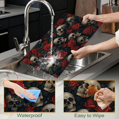 Cloth Placemats,Gothic Skull Fabric Placemats Set of 6,Washable Halloween Red Rose Flower Table Mats,Decorative Place Mats for Dining Home Kitchen Holiday Party 11.8x17.7 Inch