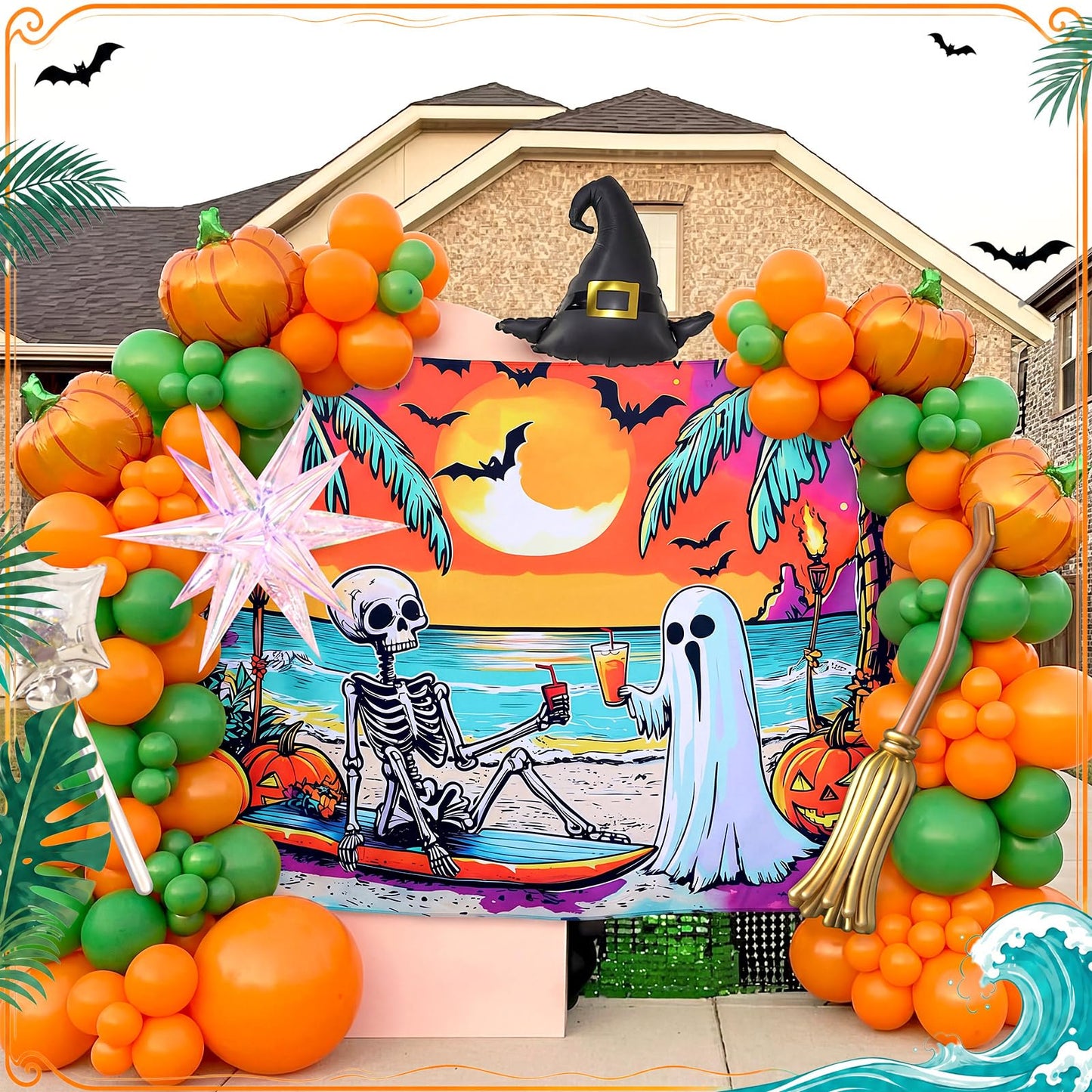 Gilprop Summer Halloween Decor 7x5ft Backdrop Banner for Halloween in Summer Party Decorations Supplies Photography Background Props Ghost Skeleton Pumpkin Beach Decorations