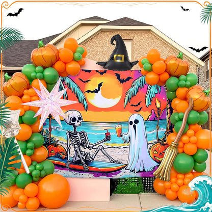 Gilprop Summer Halloween Decor 7x5ft Backdrop Banner for Halloween in Summer Party Decorations Supplies Photography Background Props Ghost Skeleton Pumpkin Beach Decorations