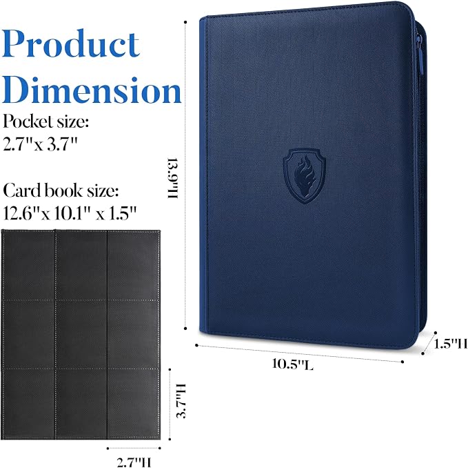 Premium Zip Card Binder, Fabmaker 9 Pocket Trading Card Binder, PU Cover Zipper Card Collection Album, Sturdy 360 Side-Loading Card Folder Holder for Game & Sports Cards, Navy Blue