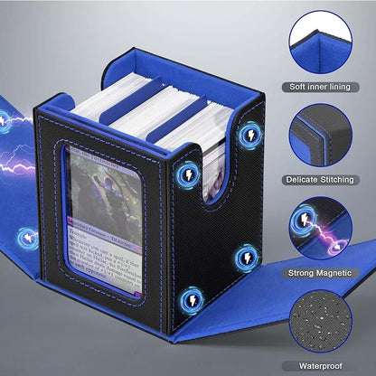 ZLCA MTG Deck Box with Commander Window Display, Trading Card Storage Box Holds 100 Double-Sleeved Cards Suitable for TCG/CCG/PTCG/EDH/Magic/Sport Cards (Black&Blue)