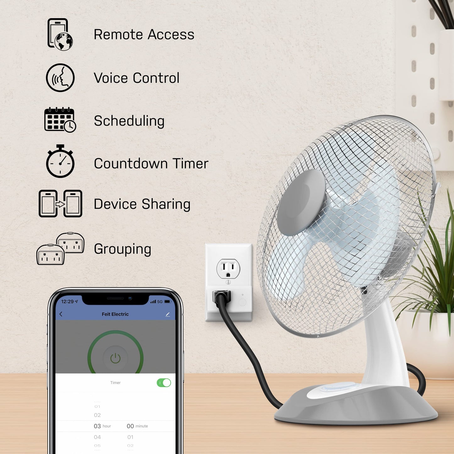 Feit Electric WiFi Work with Alexa and Google Home, Feit App, No hub required, Remote Control From Anywhere 15 Amp Smart Outlet Plug, Indoor, 120 volts, Plastic, White