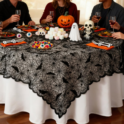 Mluiov Halloween Tablecloth Lace Black Bat Spider Web Decorations Halloween Party Fall Table Cloth Gothic Decor Round Table Cover, 70 Inch