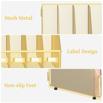 SUPEASY Desk Organizers Metal Desk Magazine File Holder with 5 Vertical Compartments Rack File Organizer for Office Desktop, Classroom, Home Workspace, Gold