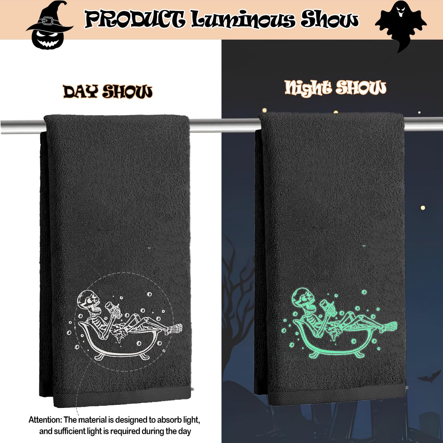2 Pack Luminous Halloween Hand Towels 100% Cotton Embroidered Skull Halloween Kitchen Towels Glow in The Dark Black Skeleton Bathroom Towels Seasonal Bathroom Decor (Black Skeleton, Halloween)