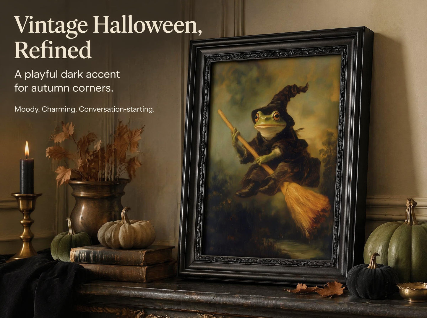KKP Vintage Frog Witch Wall Art, Framed Goth Frog on Broom Canvas Prints