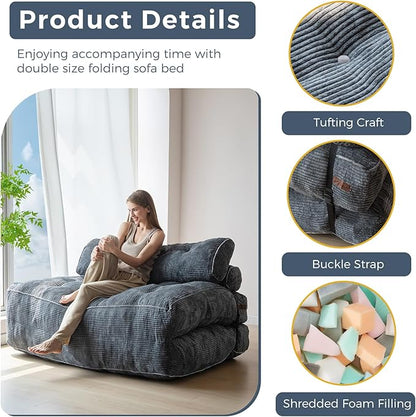 MAXYOYO Folding Sofa Bed, Convertible Sleeper Chair with Pilow Foldable Matress with Back Support, Portable Fold Out Chair Bed Comfy Floor Sofa Lounge for Living Room Bedroom, Dark Grey, Double