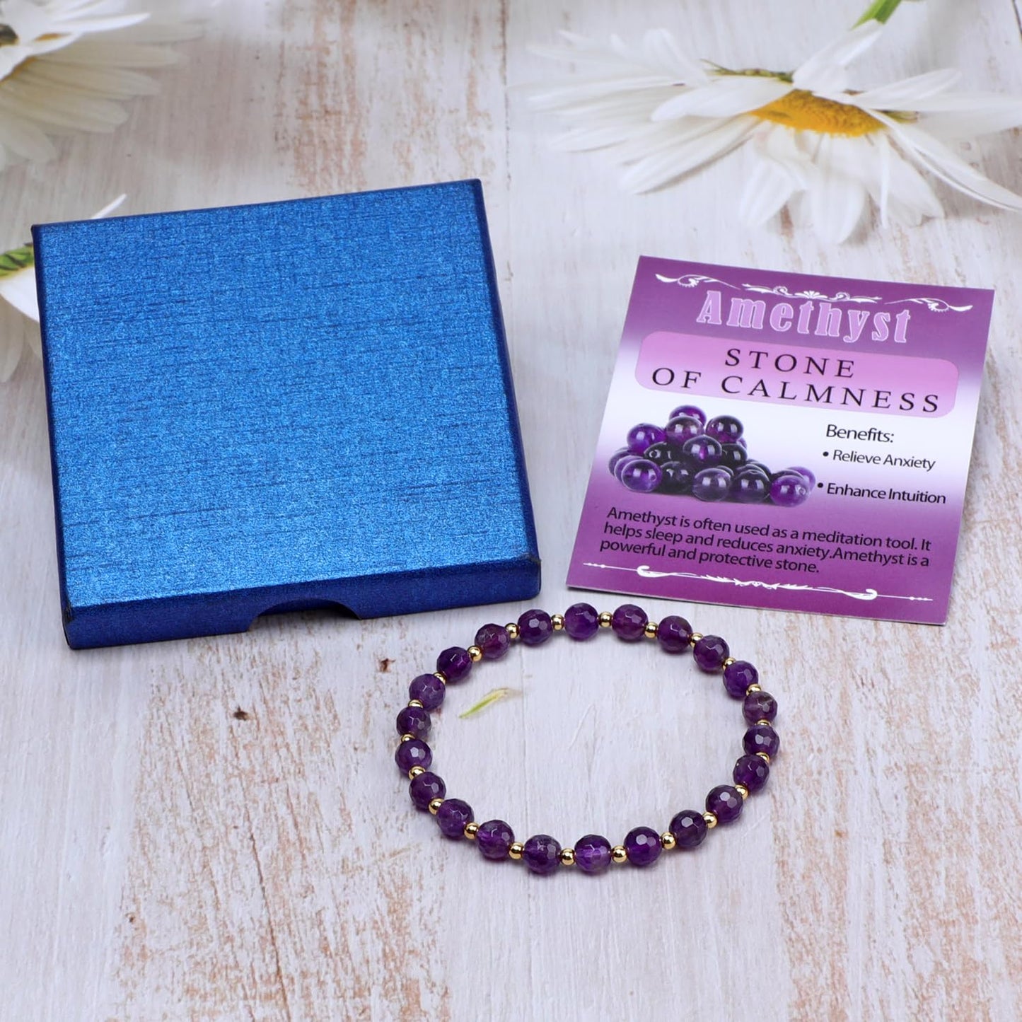 QOGIR Amethyst - Stone of Calmness - 14K Gold Plated Beads Natural Gemstone Stretch Elastic Dainty Healing Beaded Bracelets Gifts 6mm