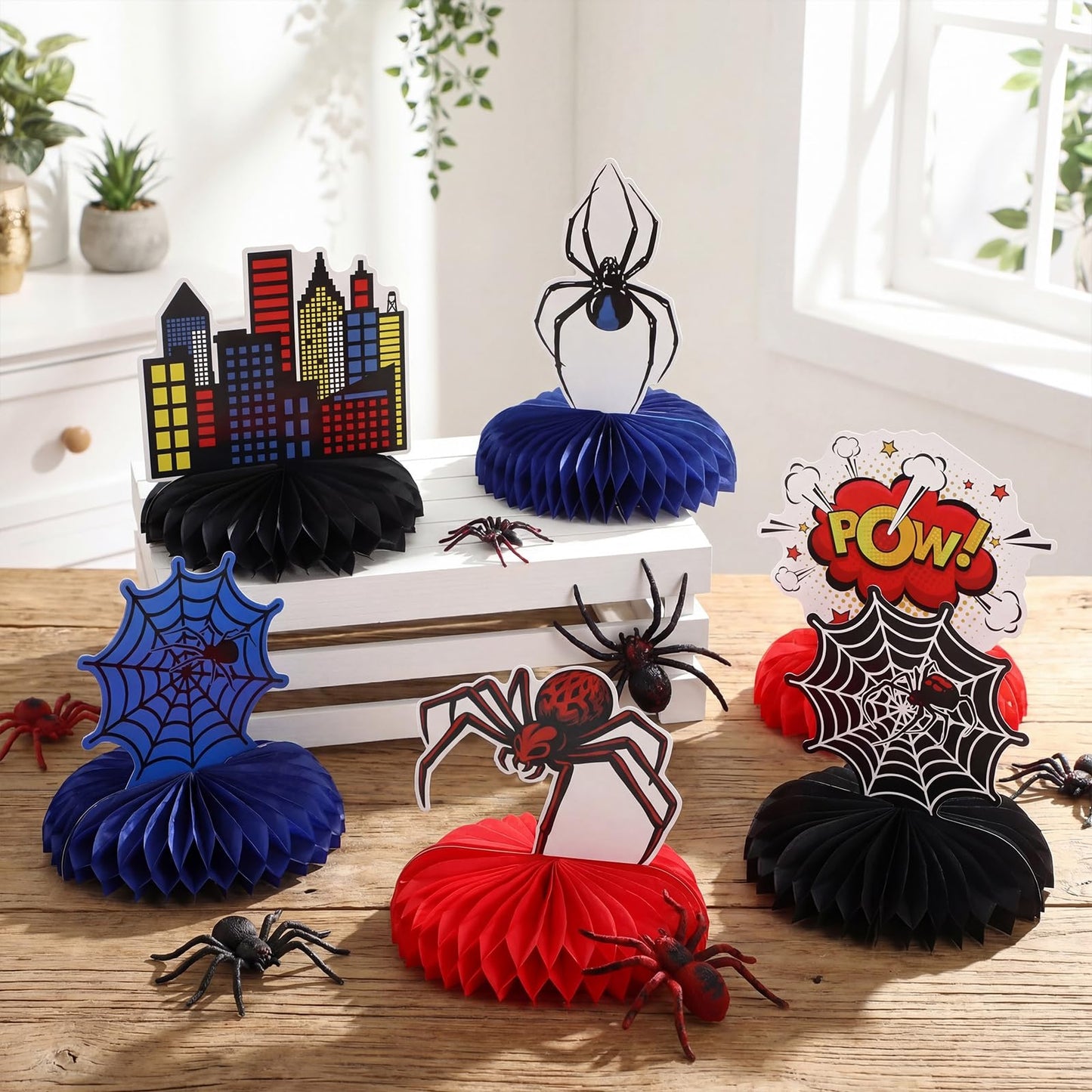 Pajean 12 Pcs Spider Honeycomb Centerpieces for Hero Birthday Party Decorations, 3D Heroic Comic Theme Table Toppers, Red Blue Spider Web Cityscape Paper Decor for Action Event Cake Table Supplies