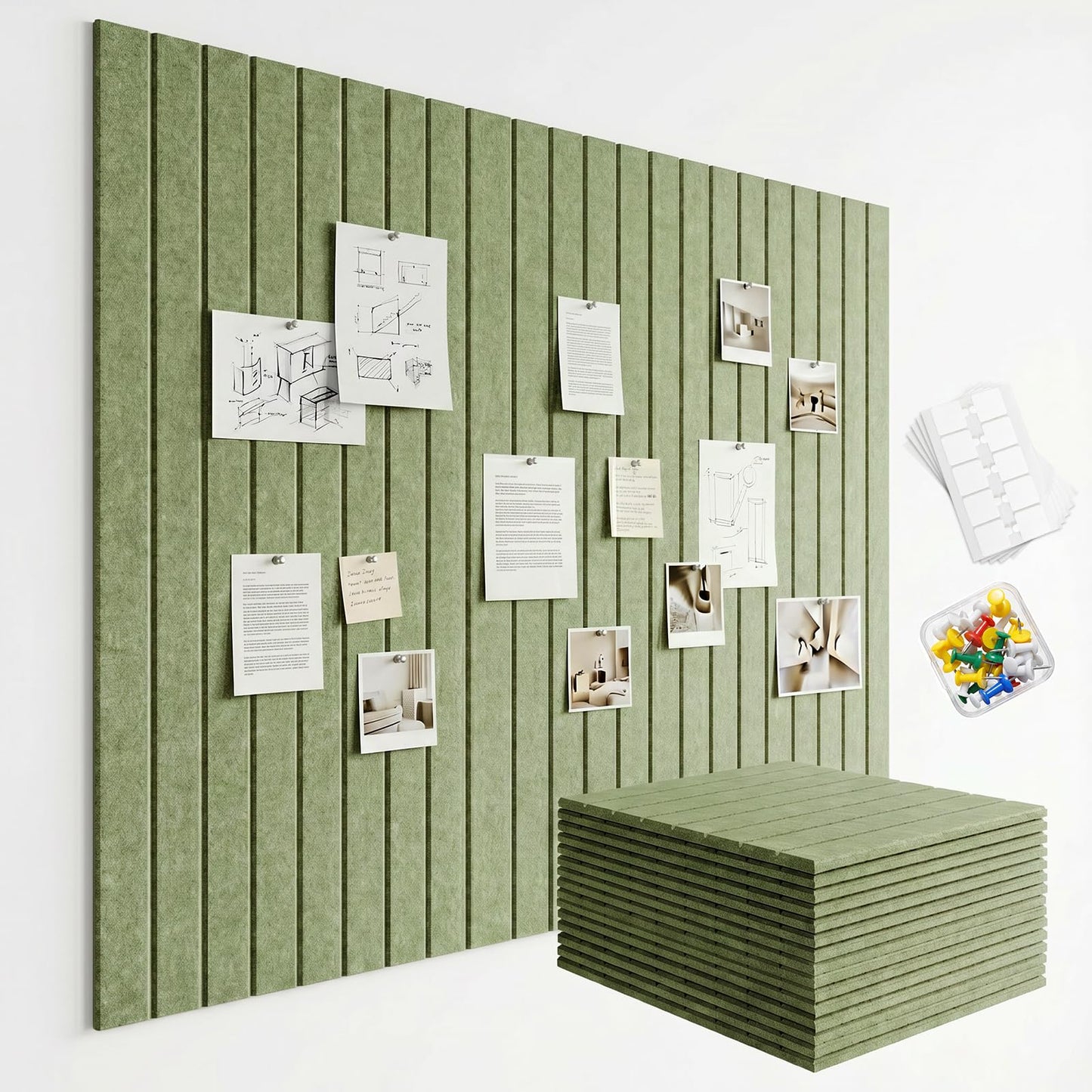 59 x 36 Felt Bulletin Board Tiles - 15 Pack 150g High-Density Sound Absorbing Panels, Slat Wall Cork Board Alternative for Office & Home, Includes 30 Pushpins & 75 Adhesive Tabs, Sage Green