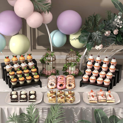 2 Set Black Wooden Tiered Riser Display Stands for Vendor Events,Stackable Wood Cupcake Stand,Farmhouse Decor Wood Dessert Table Display Set,Vendor Booth Display Items,Food Display Risers for Party