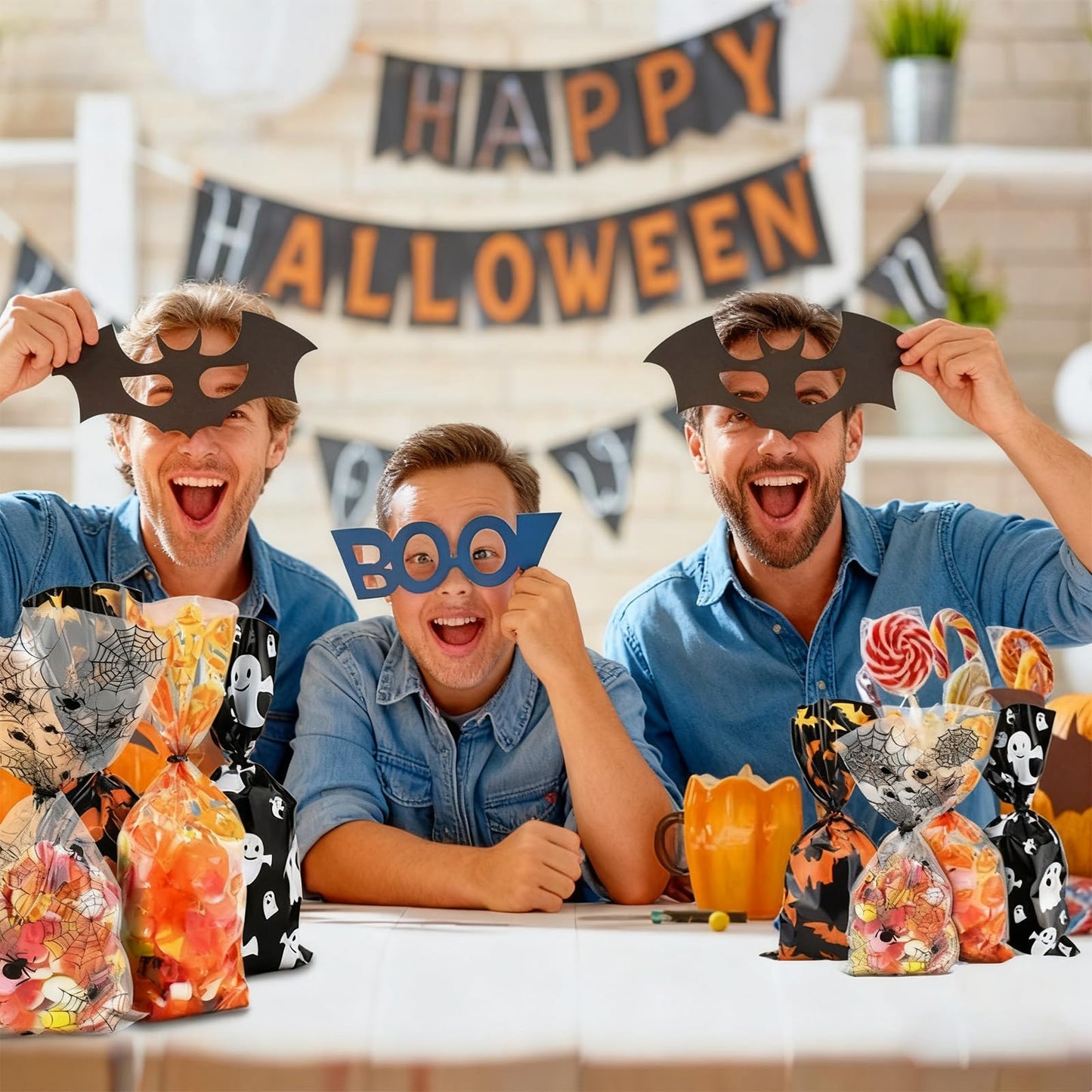 ERKOON Halloween Candy Bags 200pcs Pumpkin Spider Web Bat Ghost Print Treat Bags with Twist Ties for Halloween Party Supplies, Bulk Gift Bags for Trick-or-Treat