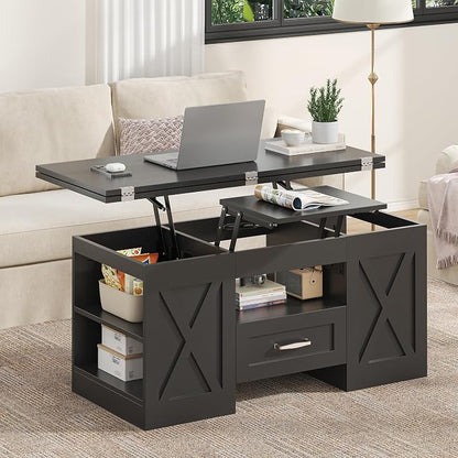 kepptory 39.4'' Lift Top Coffee Table with Storage, 4 in 1 Multi-Function Convertible Coffee Tables for Living Room, Farmhouse Coffee Table with Open Storage Compartment & Drawers (Black)