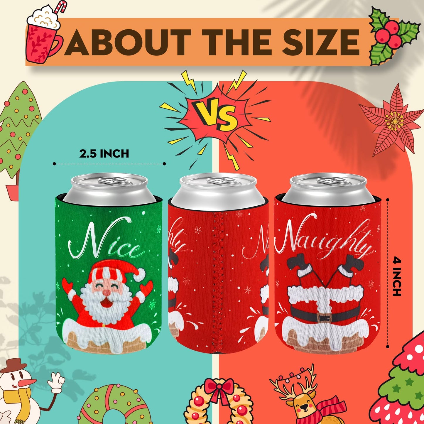 Remerry 24 Pcs Christmas Naughty or Nice Can Cooler Sleeves 12 oz Xmas Neoprene Can Sleeves Santa Pattern Cooler for Beverages Drinking Bottle Christmas Party Favor Decorations