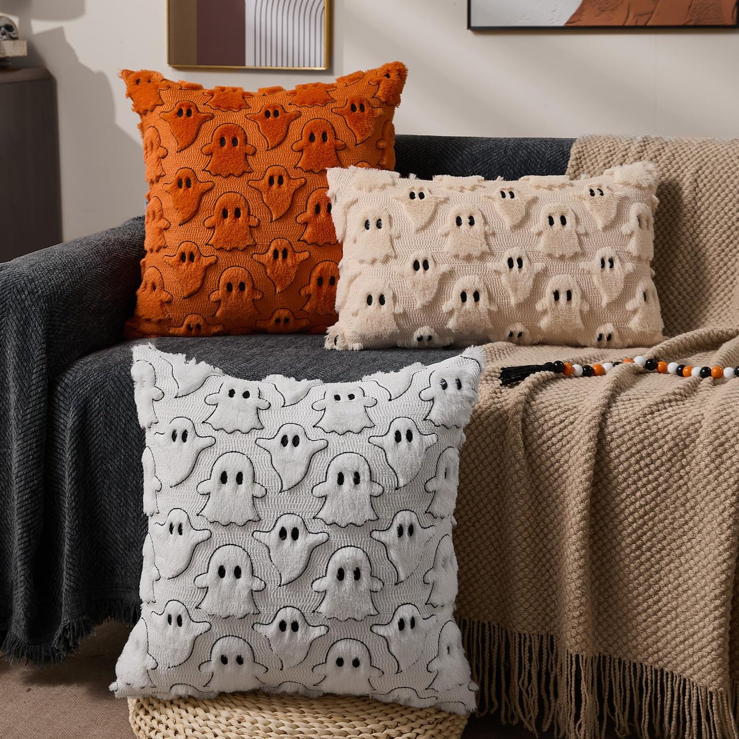 DFXSZ Halloween Pillow Covers 18x18 inch Set of 2 Orange White Ghost Throw Pillow Cases Soft Plush Faux Fur Wool Couch Cushion Case for Chair Sofa Bedroom Living Room Home Decor PTK03K18
