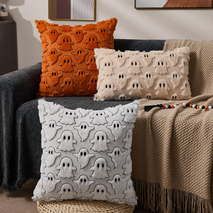 DFXSZ Halloween Pillow Covers 18x18 inch Set of 2 Orange White Ghost Throw Pillow Cases Soft Plush Faux Fur Wool Couch Cushion Case for Chair Sofa Bedroom Living Room Home Decor PTK03K18