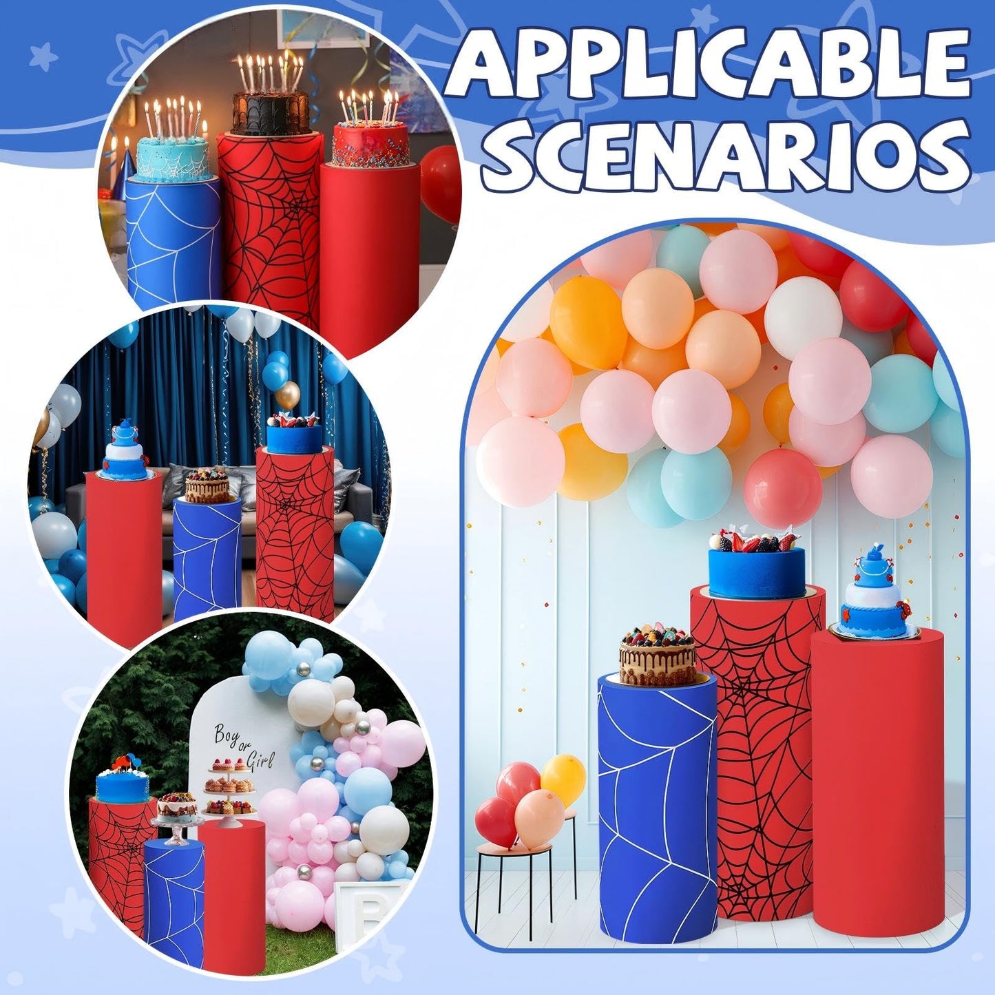 Mindsoft Set of 3 Spider Themed Spandex Cylinder Stand Covers for Carnival Party, Red Blue Cylinder Pedestal Cover, Dessert Table Display for Birthday Baby Shower Backdrop Decor(Spider)