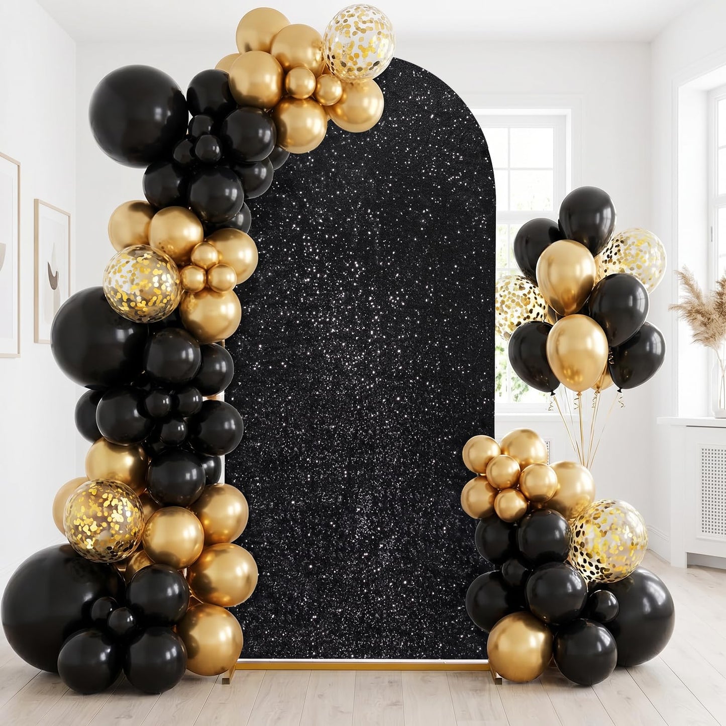 Set of 3 Black Arch Backdrop Covers Sequin Backdrop Arch Cover for Wedding Party Halloween Graguation Birthday Flower Balloon Stand(7.2ft, 6.6ft, 6ft)