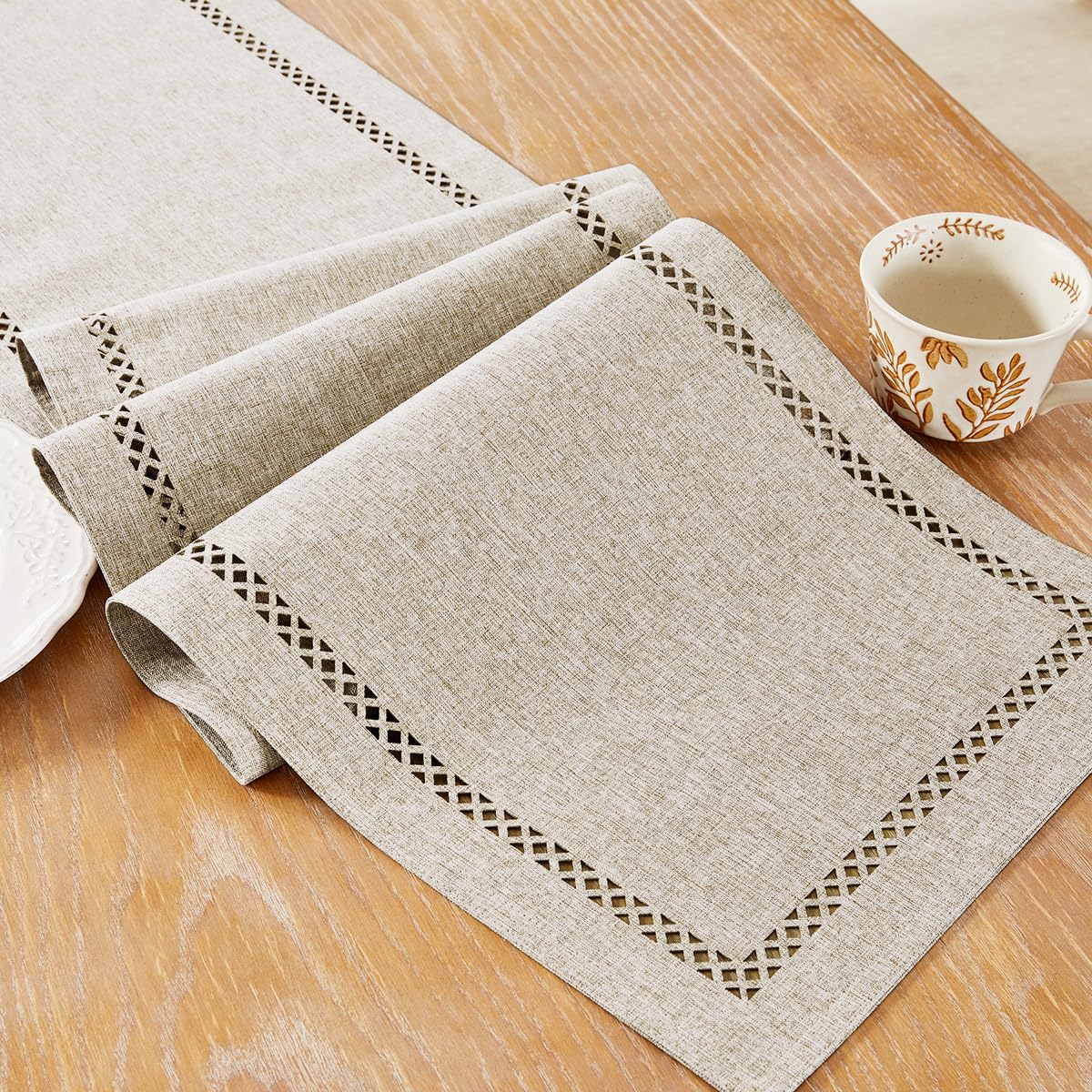 Aoztio Burlap Style Farmhouse Table Runner, 13 x 48 Inch Coffee, Rustic Geometric Hollow Table Runners 48 Inches Long for Dresser Table Everyday Use, 13x48 Inches, Coffee