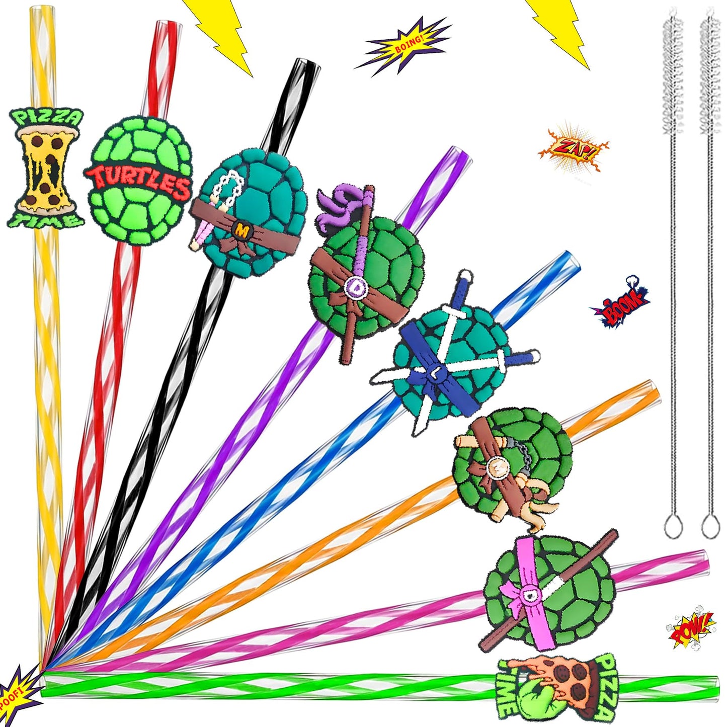 24 Green Turtles Birthday Party Decorations - Reusable Fun Plastic Straws for Kids Boys Girls Cartoon Pizza Turtle Party Favors - Cute Drinking Straws for Teenage Party Supplies Decor + 2 Brushes