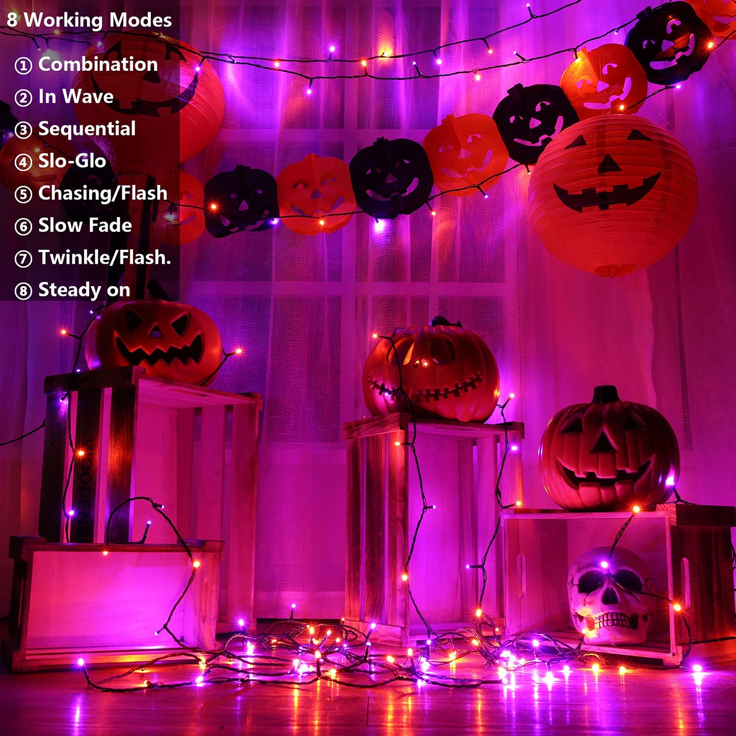 Joomer Orange Purple Halloween Lights, 66ft 200 LED Battery Operated String Lights Waterproof with 8 Modes & Timer Function for Halloween Outdoor Indoor Decorations