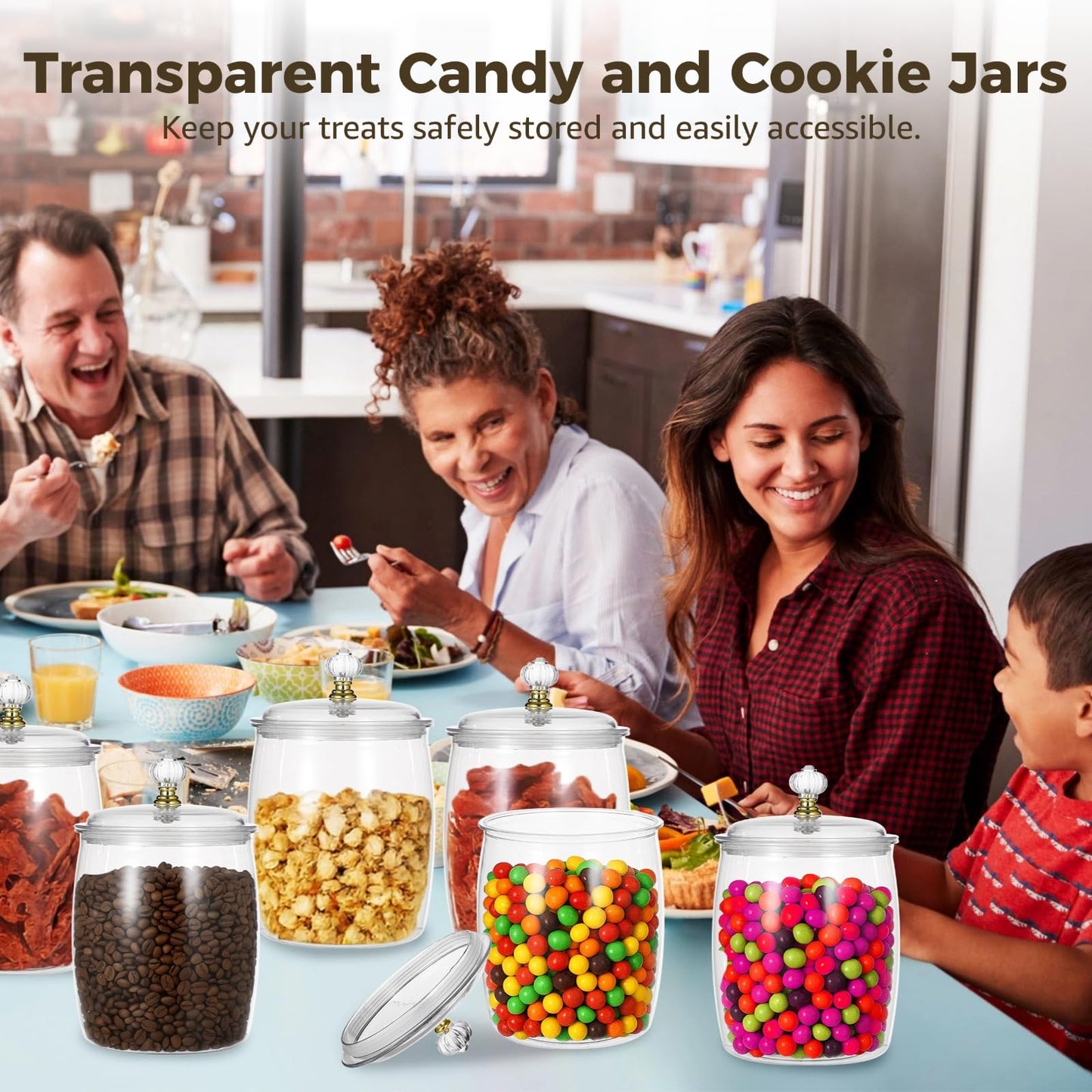 DORMIYA 6 Pcs Candy and Cookie Jars, 74 oz Transparent Plastic Jars with Lids, Decorative Storage Containers with Scoops, Labels, and Markers, Airtight Food Canisters for Candy Buffets, Kitchens