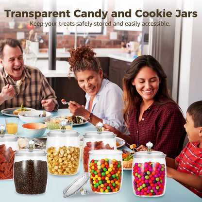DORMIYA 6 Pcs Candy and Cookie Jars, 74 oz Transparent Plastic Jars with Lids, Decorative Storage Containers with Scoops, Labels, and Markers, Airtight Food Canisters for Candy Buffets, Kitchens