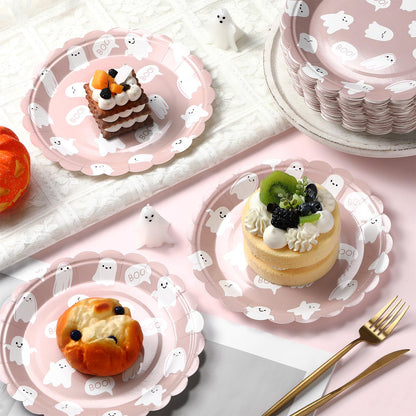 Havawish 100 Pcs Christmas Paper Plates Pink Ghost Boo Disposable Plates 9 Inch Cute Cartoon Ghost Tableware decorations for Christmas Happy Boo's Day Birthday Baby Shower Party Supplies