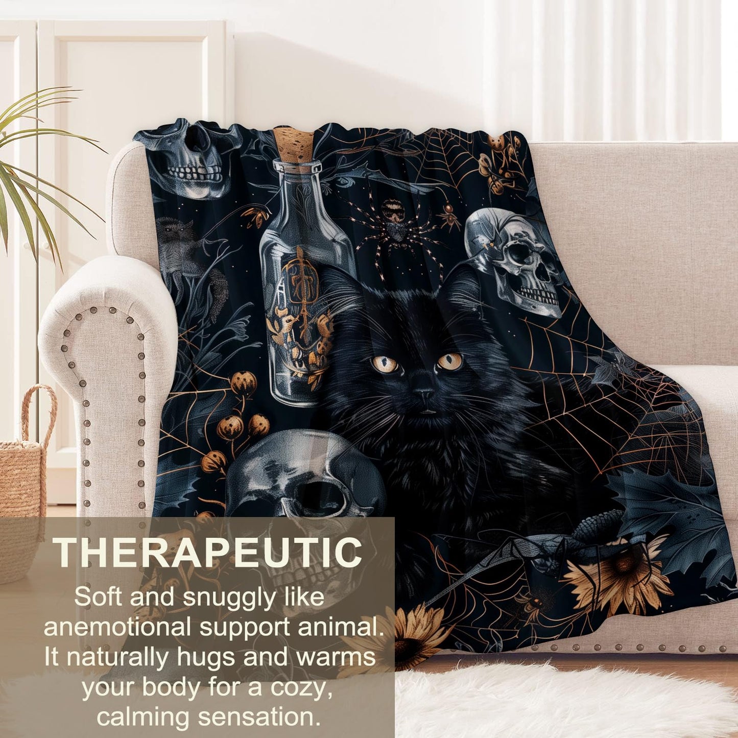 Goth Skull Blanket for Boys Kids Men Women, Flannel Skeleton Blankets Gifts, Halloween Black Cat Skull Throw Blanket for Sofa Couch Bed Living Room Soft Warm Cozy Gothic Decor 60" x 50"